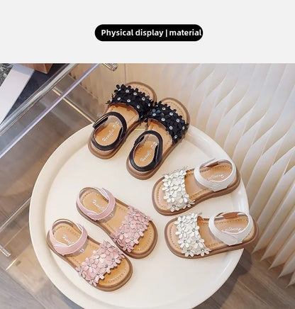 Little Girls Floral Bohemian Sandals with Beads Princess Sweet Kids Summer Shoes Open Toes Anti-skid Size 22-31Hook & Loop Cute