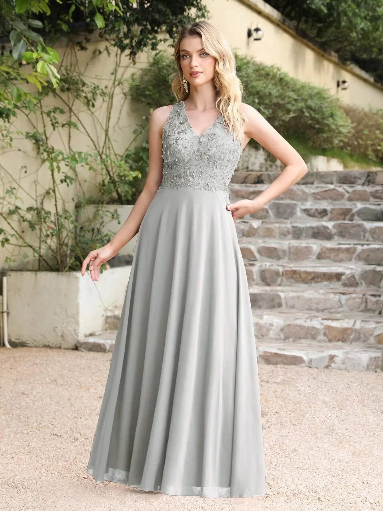 A-line V-neckline Chiffon Lace Pearls Beadings Floor-length Prom Dress Sleeveless Evening Elegant Party Dresses For Women 2024