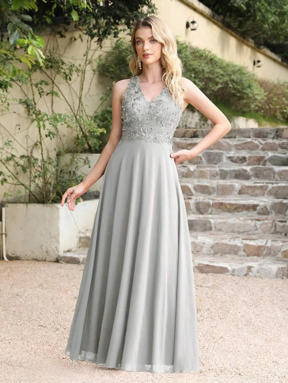 A-line V-neckline Chiffon Lace Pearls Beadings Floor-length Prom Dress Sleeveless Evening Elegant Party Dresses For Women 2024