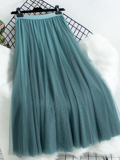 New large hem chiffon long skirt for women's Korean casual simple solid color three-layer A-line high waisted long skirt