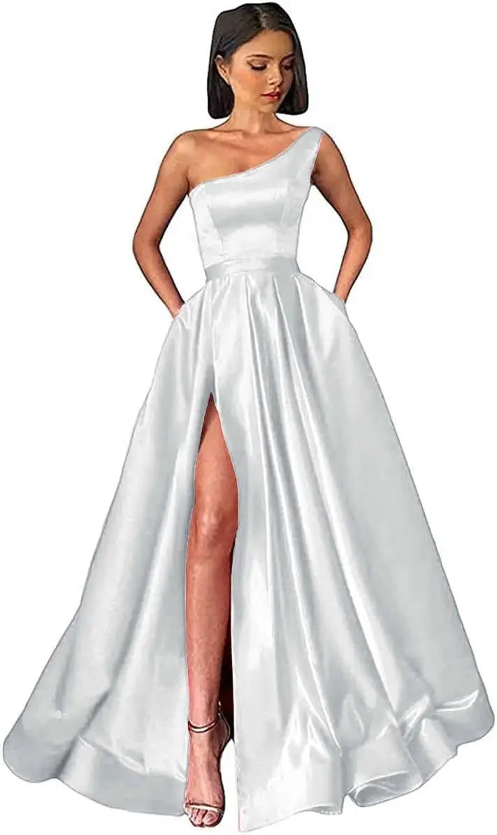 Women's One Shoulder Prom Dresses with Pocket High Slit Pleated Satin Corset Formal Gowns Evening Dress A Line Bridesmaid Gown