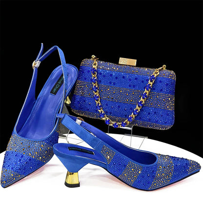Elegant High Heels Shoes and Bag Set for Women Pointed Toe Black Color Hollow Rhinestones Matching Bag