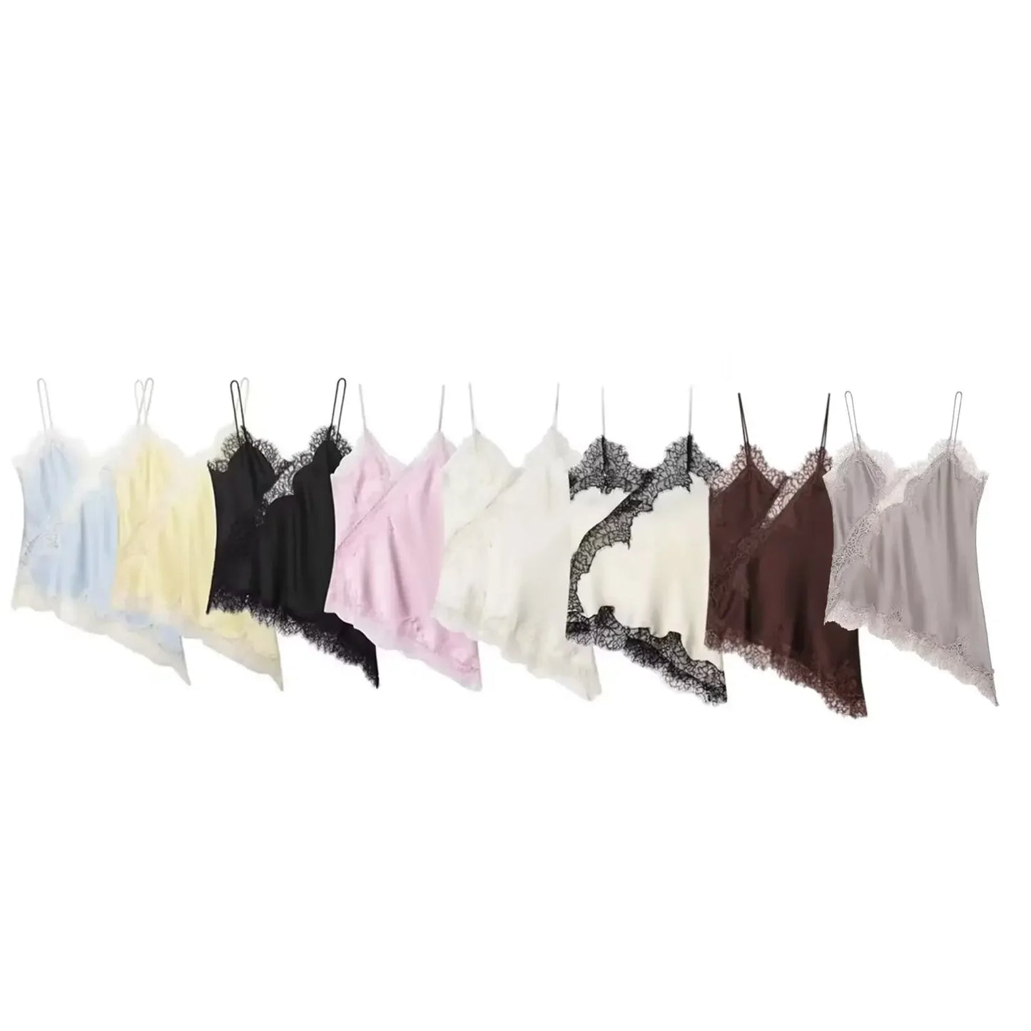 Women Fashion Lace Stitching Camisole Asymmetric Hem Sexy Backless Tank Top Summer Trend Lady Club Party Evening Chic Tops