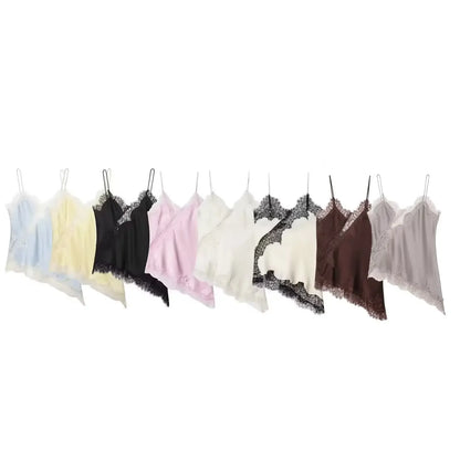 Women Fashion Lace Stitching Camisole Asymmetric Hem Sexy Backless Tank Top Summer Trend Lady Club Party Evening Chic Tops