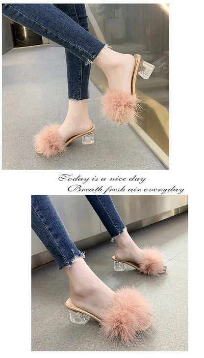 2023 Fluffy Peep Toe Sexy High Heels Women Shoes Fur Feather Lady Fashion Wedding Slip-On Pink Square Toe Women Sandals