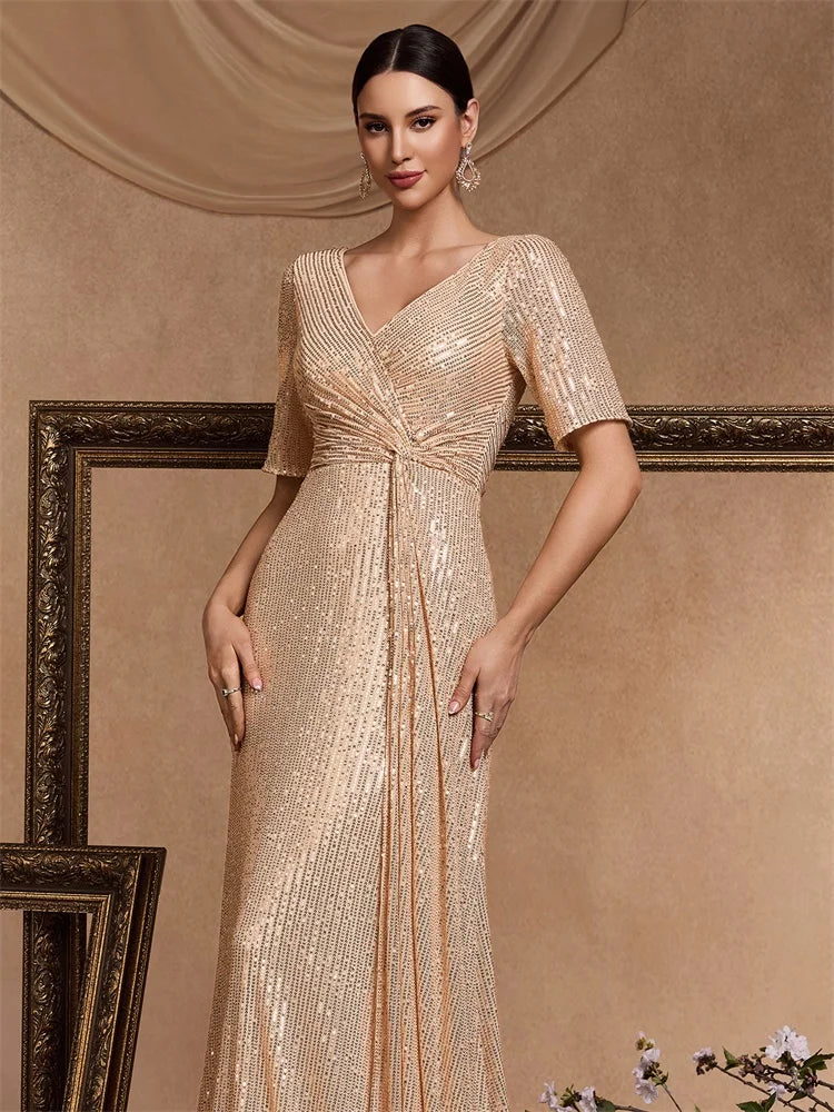 Luxury Floor Length V-Neck Evening Dress 2025 Women Elegant Party Maxi Sequin Short Sleeves Prom Cocktail Graduation Dress