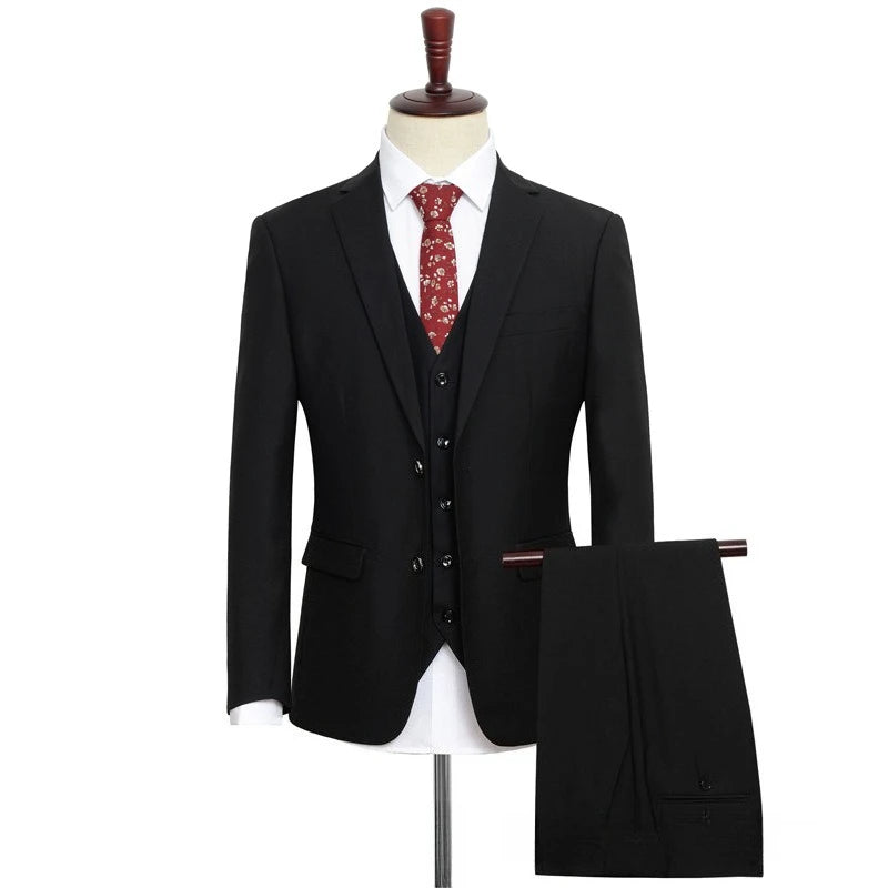 Plus Size Man Suit Set Solid Color Single Breasted Jacket Vest Pants For Host Groom Groomsmen Grey Black Navy 3-Piece Suit Set