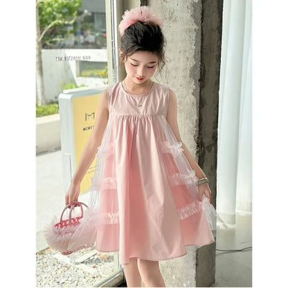 Cute blue lace sleeveless dress With Bag princess dress For 2-10 Yrs baby girls Children Clothes 6.1 Children's Day Clothing