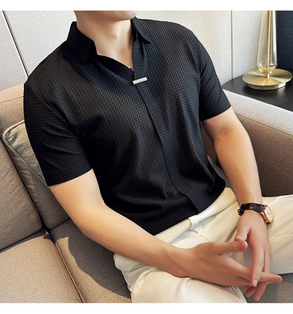 High-Grade Ice Silk Seamless Adhesive Polo Shirt, High-Elastic V-neck Thin Waffle Short-Sleeved Golf Shirt, T-shirt