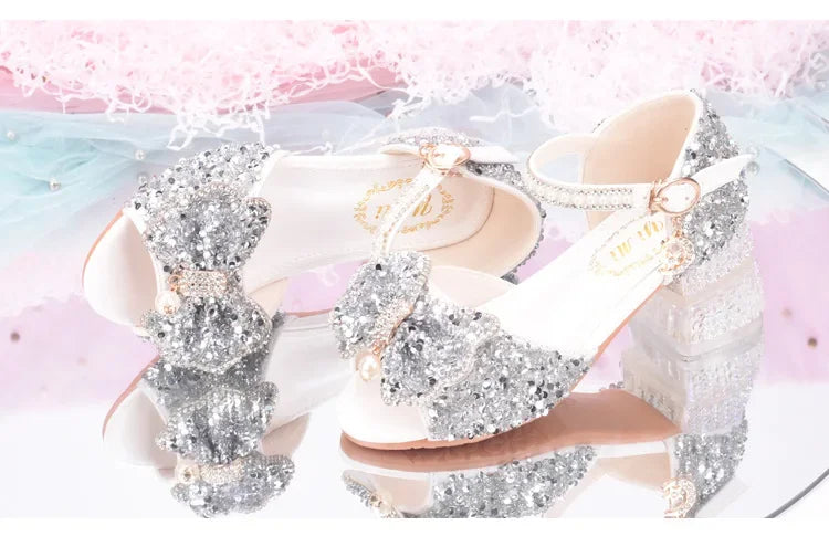 2025 Summer Girls' Princess Shoes Fashion Sequin Bow Soft Bottom Children's Sandals Girls' Performance Pearl Crystal High Heels