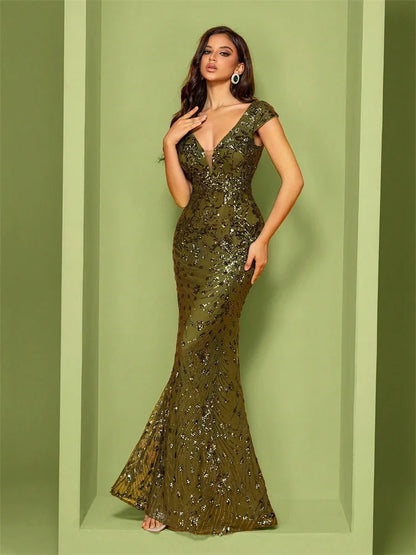 Elegant Champagne Evening Dress For Women Long 2024 Luxury Mermaid Formal Sequins Prom Wedding Party Cocktail Dresses
