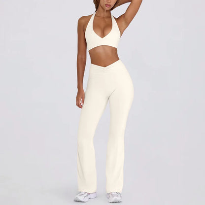 Women's Yoga Suits Camisole Backless Nude Beautiful Back Neck Hanging Bra Flared Pants Fitness Set