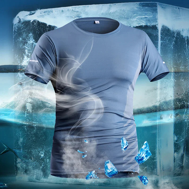 Camiseta de Corrida Masculina Verão Seda Gelo Fina Top Impressão Refletiva Secagem Rápida Manga Curta Respirável Fitness Esportiva Camiseta 5GG