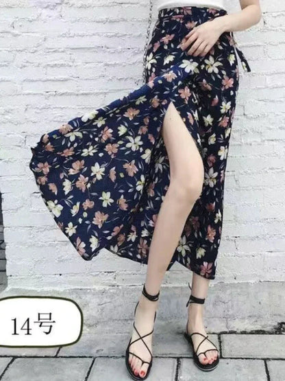 Wrap Skirts Women Casual Chiffon Tie-Waist Ruffle Wide Leg Loose