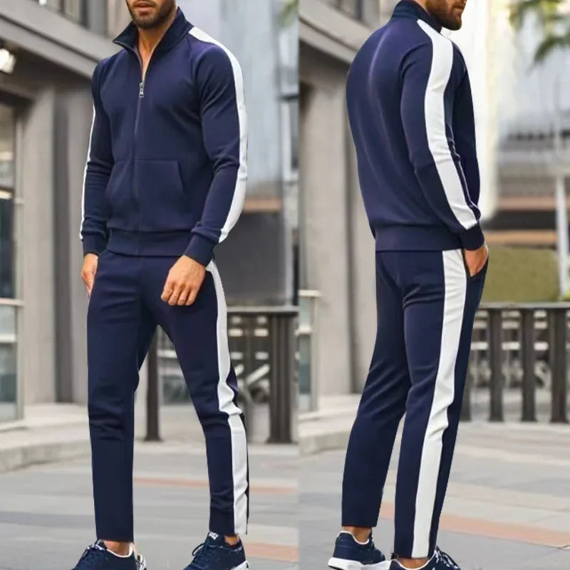 2025 Spring Autumn Men's 2-Piece Set Color Blocking Zipper Stand Collar Casual Sports Jacket Sweatshirt Trousers Suit