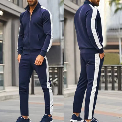 2025 Spring Autumn Men's 2-Piece Set Color Blocking Zipper Stand Collar Casual Sports Jacket Sweatshirt Trousers Suit