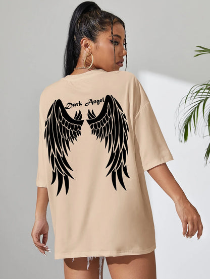 Camisetas estampadas de asa de anjo preta venda quente para mulheres, roupas largas oversized, camiseta de rua hip hop, algodão, manga curta