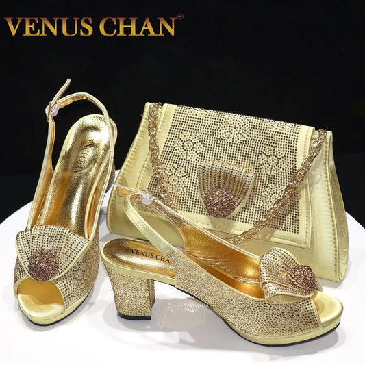 Italian Design Girly Style Golden Color Wedding Shoes And Bag Full Diamond Decoration Metal Closure Bags