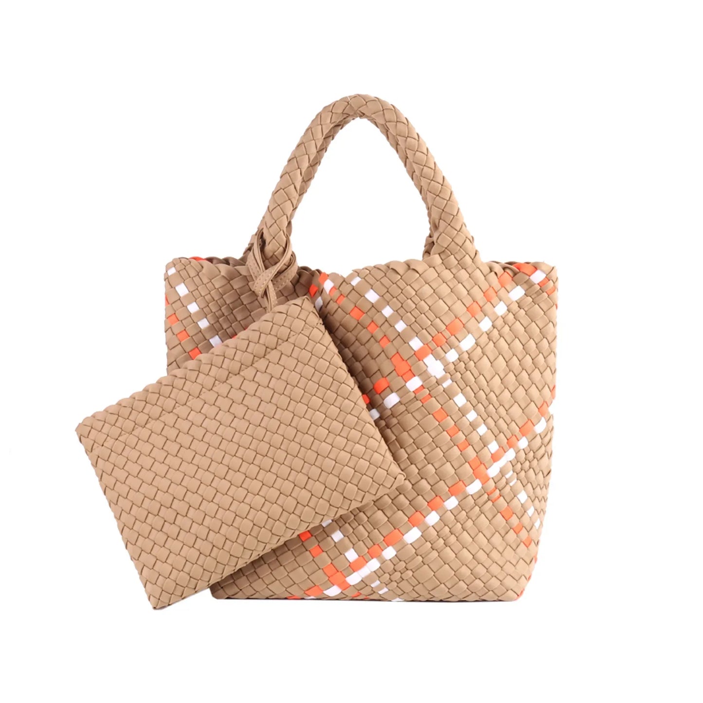 Woven Bag for Women, Neoprene Tote Bag Summer Beach Handbag Purse Retro Handmade Travel Shoulder Bag Set Neoprene Weave Tote Bag