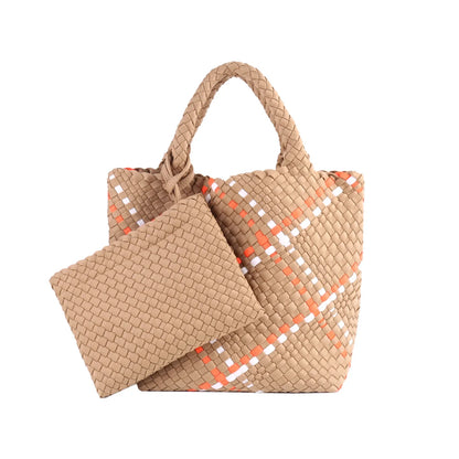 Woven Bag for Women, Neoprene Tote Bag Summer Beach Handbag Purse Retro Handmade Travel Shoulder Bag Set Neoprene Weave Tote Bag