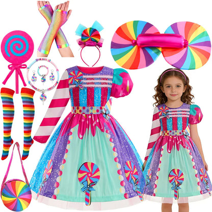2026 New Candy Dress For Baby Girl Purim Carnival Birthday Costume Fancy Rainbow Short Sleeve Cute Dress + Accessories Set