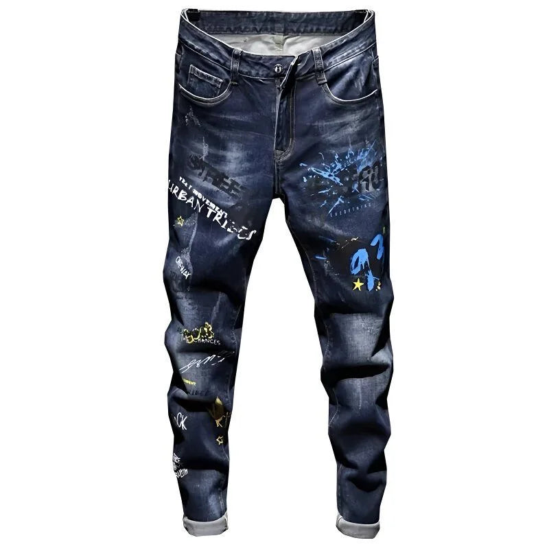 Spring and Autumn Fashion Trend Printed Straight-Leg Stretch Denim Jeans For Men Comfortable Casual Sports High-Quality Jeans
