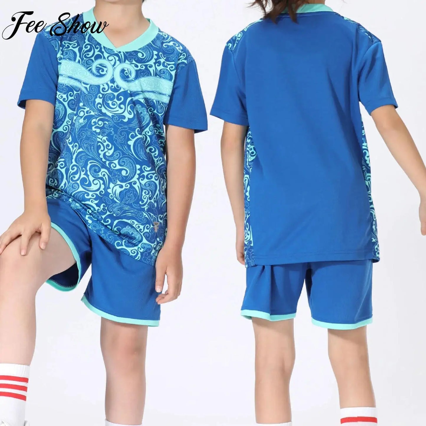 2 Pcs Summer Children's Quick-Drying Sports Set Boys Girls Soccer Training Outfit Short Sleeve Stylish Print T-shirt with Shorts