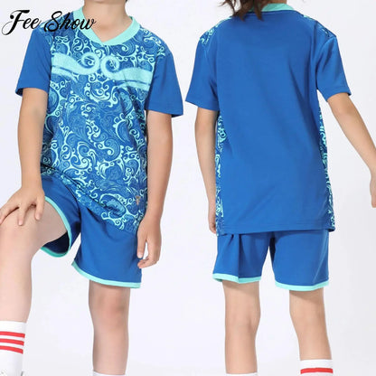 2 Pcs Summer Children's Quick-Drying Sports Set Boys Girls Soccer Training Outfit Short Sleeve Stylish Print T-shirt with Shorts