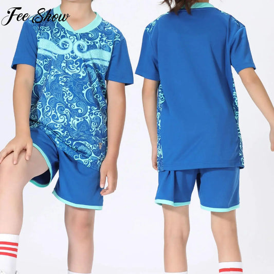 2 Pcs Summer Children's Quick-Drying Sports Set Boys Girls Soccer Training Outfit Short Sleeve Stylish Print T-shirt with Shorts