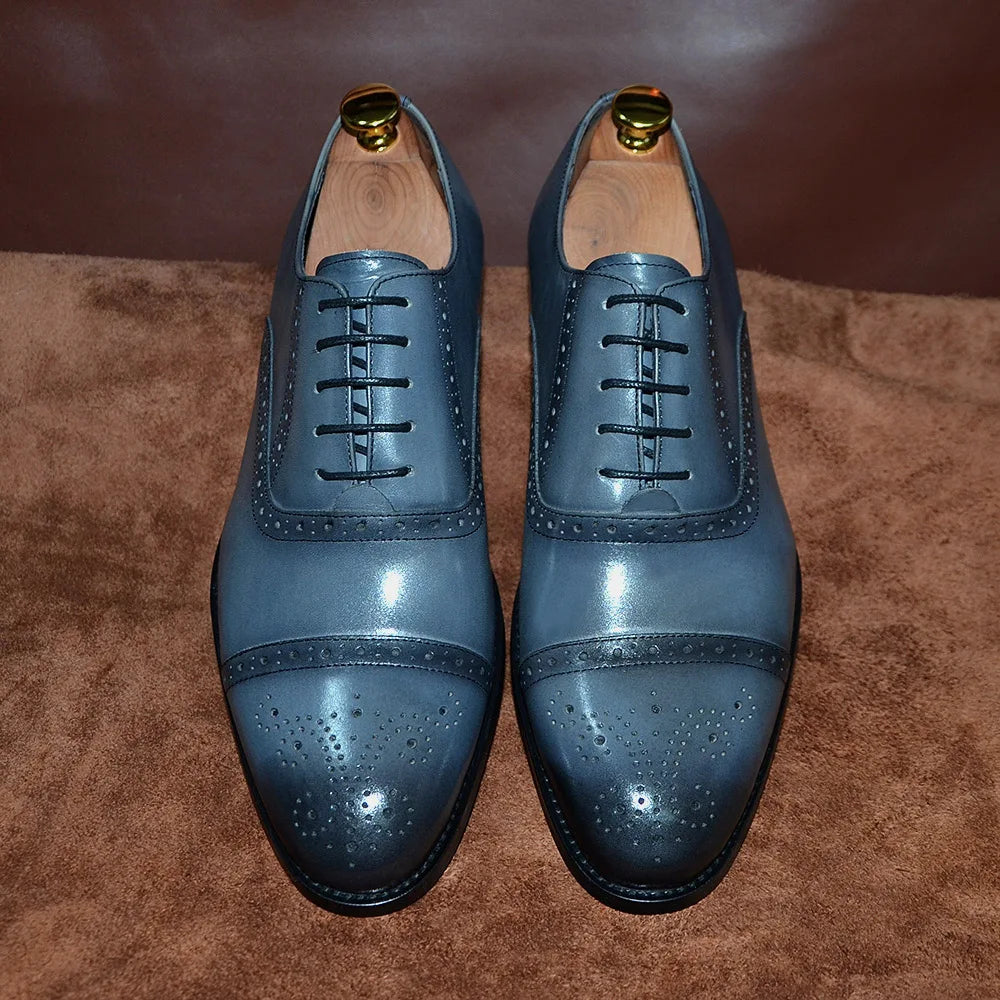 Italian Mens Dress Shoes Genuine Leather Cap Toe Oxfords Lace-up Black Brown Wedding Business Office Brogue Formal Shoes for Men