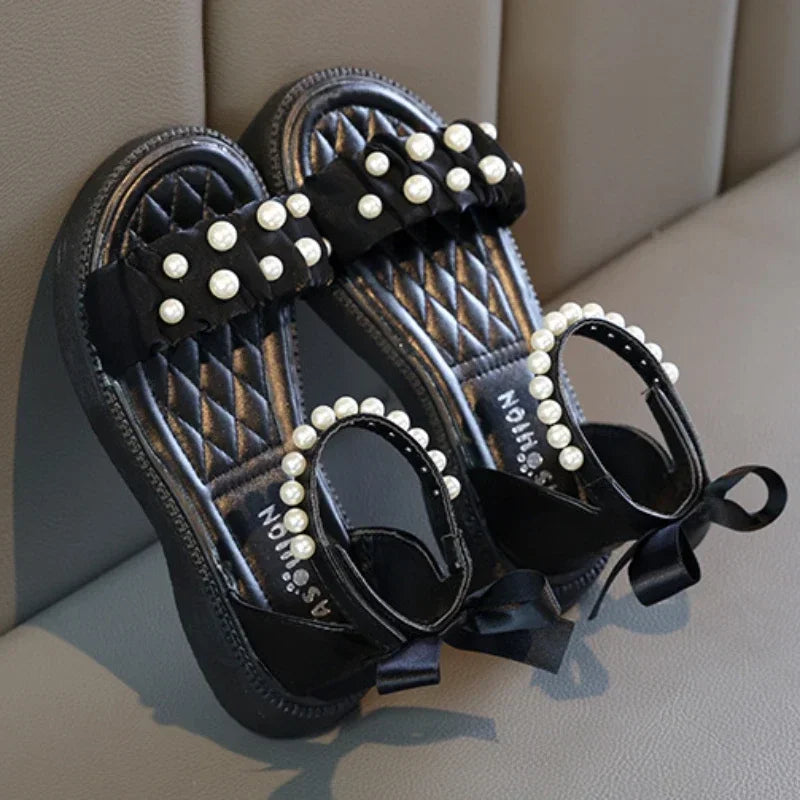 Children's Sandals Summer Bowtie Princess Shoes for Girls Fashion Sweet Kids Causal Pearl Roman Sandals Solid Color Hook Loop