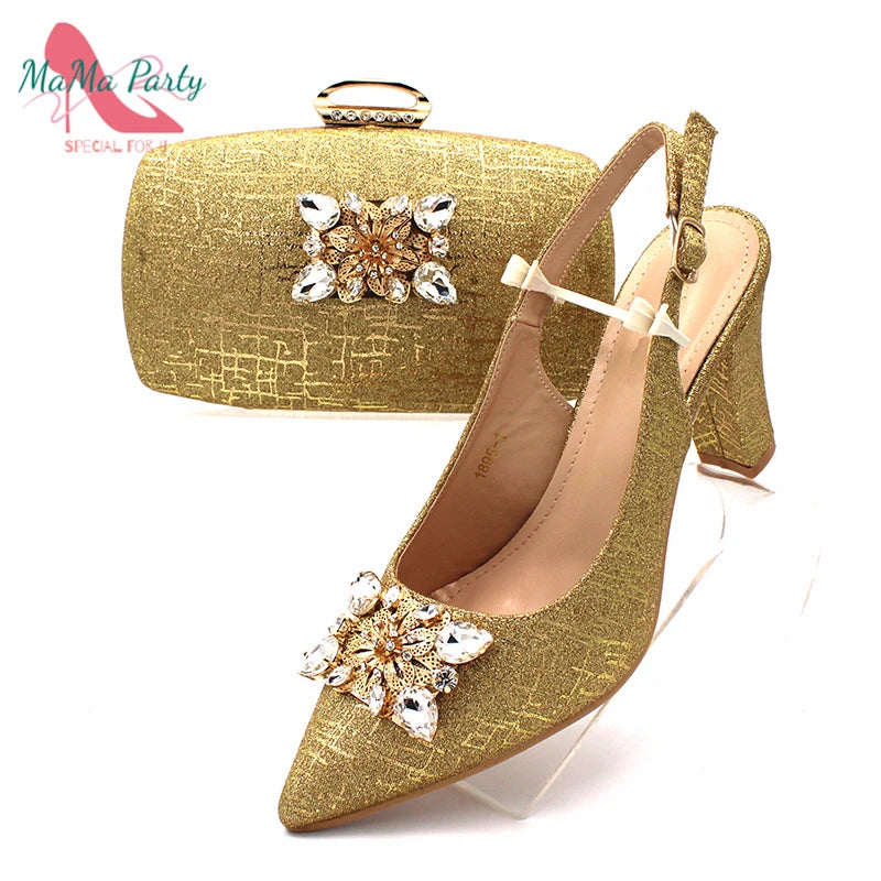 Classics Italian Design Shoes and Bag Set in Orange Color Comfortable Heels Pointed Toe Pumps for Wedding Party