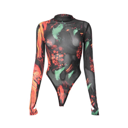 Tie Dye Sexy Bodysuit Lingerie Long Sleeve Corset Top Women One-Pieces Rave Outfit Bodycon Lenceria Femenina See Through Bustier