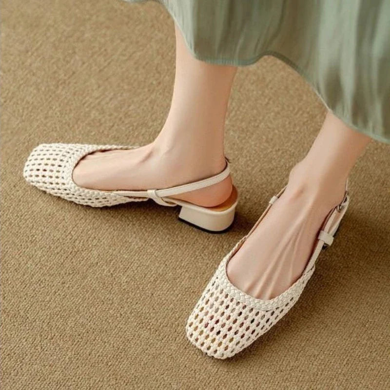 French square-toed woven high-heeled sandals, 2025 summer new skeletonized fashionable leather fabric mid-heel women's shoes