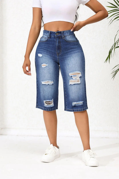 Calf-Length Jeans For Women Fashion Ripped Slim Fit Casual Clothing