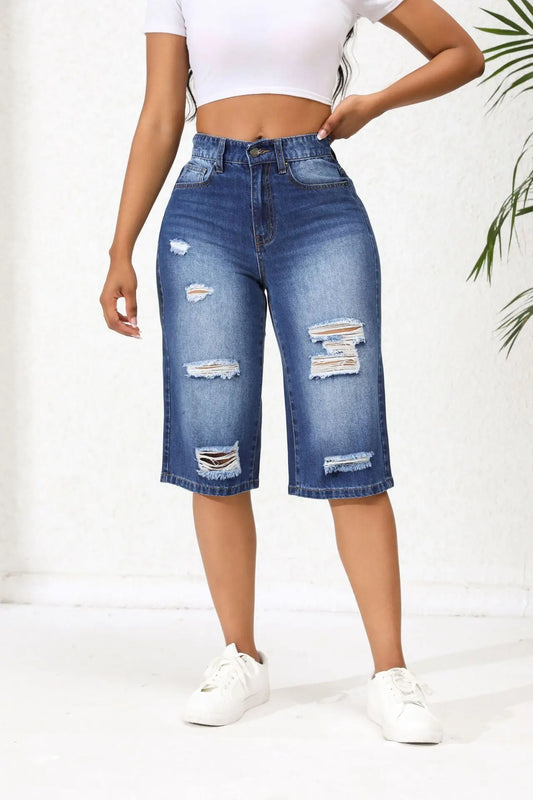 Calf-Length Jeans For Women Fashion Ripped Slim Fit Casual Clothing