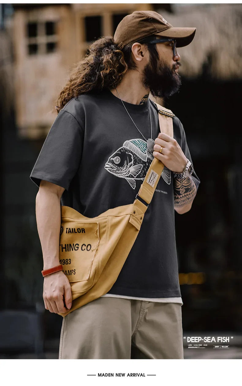 Maden Vintage Flocked Print Short-sleeved T-shirts Animal Pattern Cotton Round Neck Tops for Men's Summer Casual Loose Fit Tee