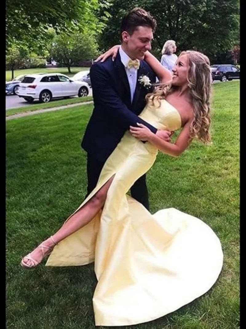 Women's Sleeveless Mermaid High Slit Backless Long Prom Gowns Strapless Floor Length Satin Evening Maxi Dresses