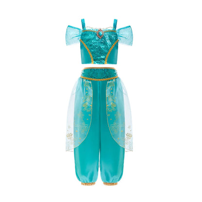 Aladdin Princess Girl Dress Jasmine Two-piece Set Kids Film Role Play Costume Halloween Party Clothes Children Birthday Gift