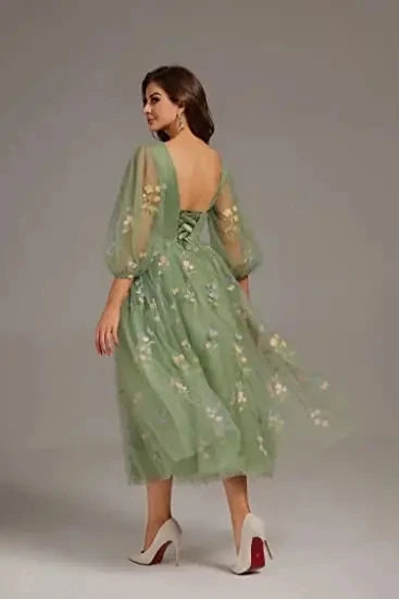 Green Sweetheart Embroidery Prom Dress Women A Line Tea-LengthTulle Puff Sleeves Floral Corset Midi Formal Evening Party Gowns