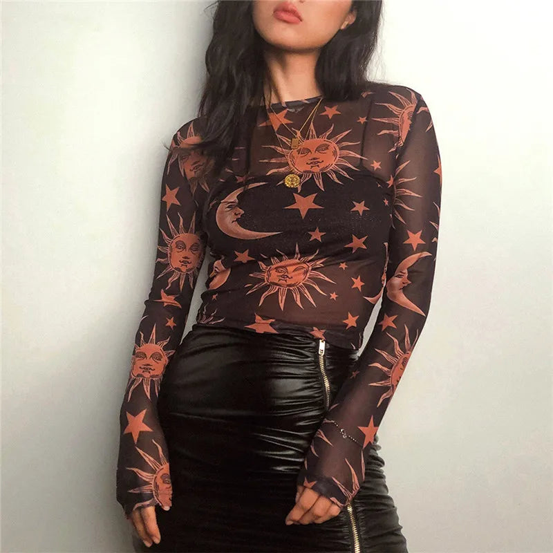2026 Women's Fashion Trend Black & White Sun-Moon Print Sheer Mesh T-Shirt Sheer Mesh Crew Neck Base Layer T-Shirt