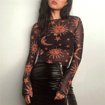 2026 Women's Fashion Trend Black & White Sun-Moon Print Sheer Mesh T-Shirt Sheer Mesh Crew Neck Base Layer T-Shirt