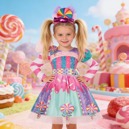 New Candy Dress Lollipop Cosplay Costume Rainbow Dress Carnival Purim Party Princess Dress Long Short Sleeves Candies Dresses