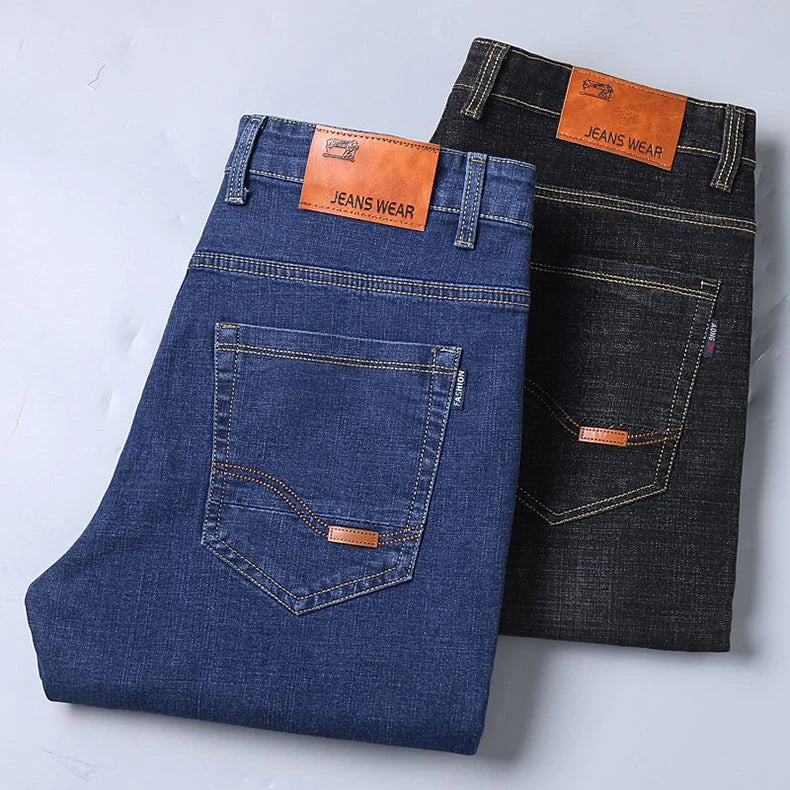 Autumn Spring Business Jeans Men Casual Comfortable Straight Denim Pant Stretch Fashion Classic Soft Premium Blue Black Trousers