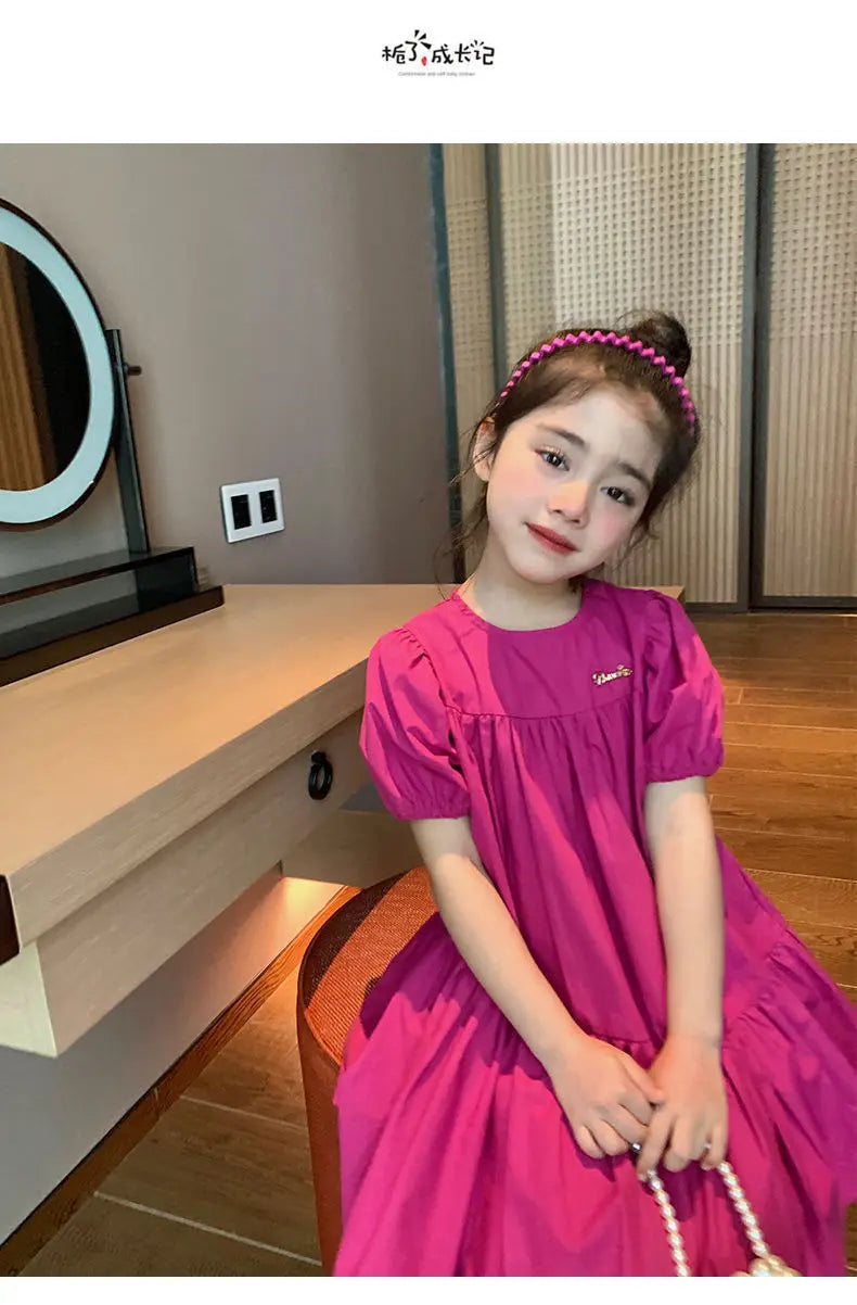 Girls Sweet Dress Summer Children Princess Gown Kids Spring Casual Short-sleeve Vestidos Kids Solid Color Loose Clothing 2-8Y