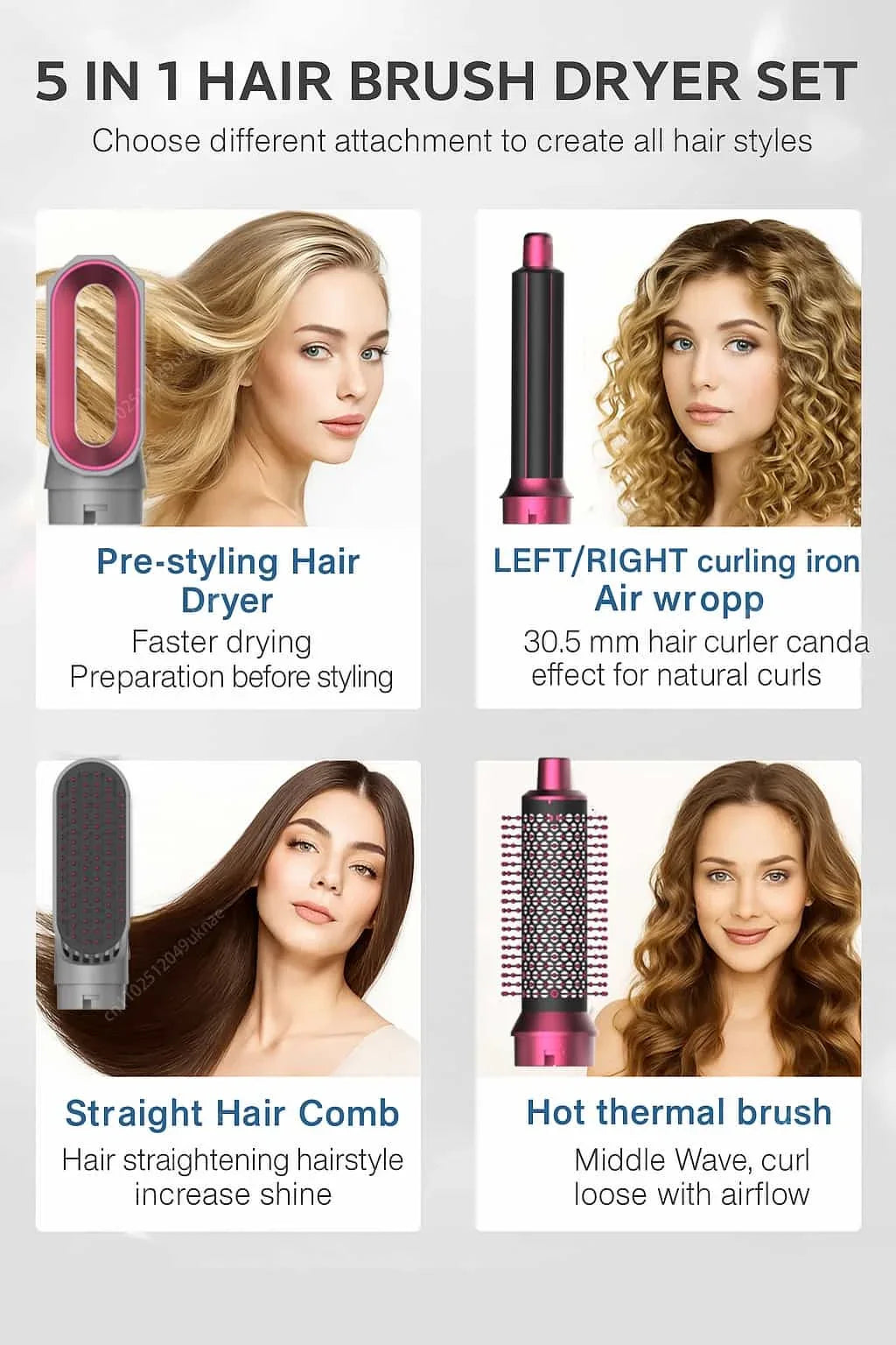 5 In 1 Professional Hair Dryer Hot Air Comb Brush With Curling Iron And Hair Straightener For Salon Quality Hair Styling