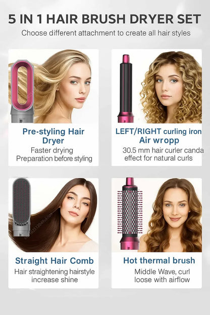5 In 1 Professional Hair Dryer Hot Air Comb Brush With Curling Iron And Hair Straightener For Salon Quality Hair Styling