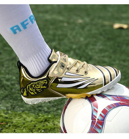 Fashion Gold Children's Football Shoes Outdoor Non-slip Turf Soccer Shoes Kids HOOK&LOOP Low-cut Sports Sneakers Child Trainers