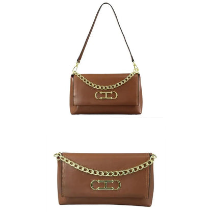 Elegant Black Leather Women Shoulder Bag Metal Logo Flap Handbag Chain Strap Office Commute Daily Casual