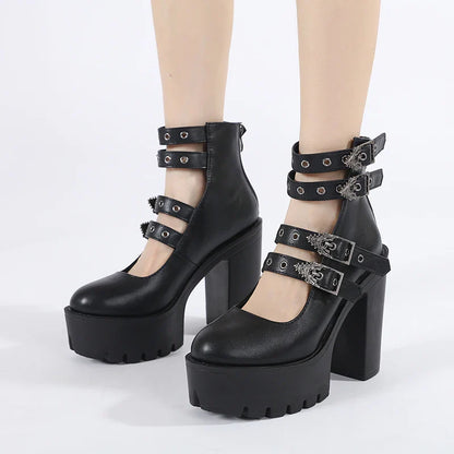 Goth Style Women Block Heels for Halloween Fashion Buckle Strap Dress Pumps Platform Mary Jane Shoes Stylish Back Zipper